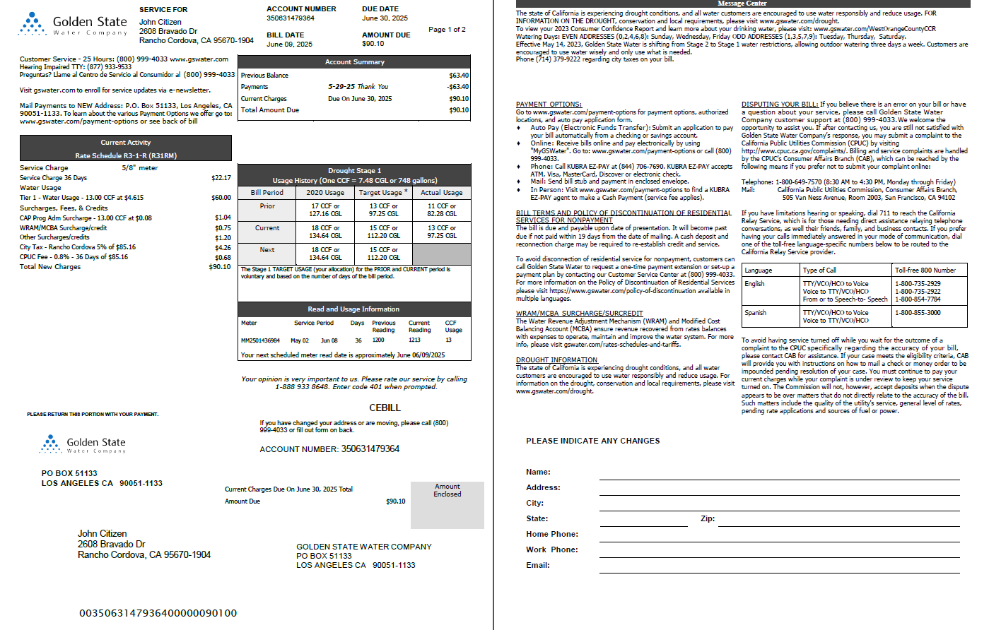 USA Golden State Water Company utility bill template in Word and PDF formats, 2 pages